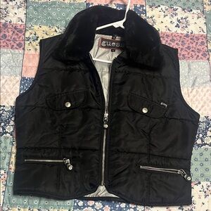 GUESS Black Quilted Puffer Vest with Faux Fur Collar